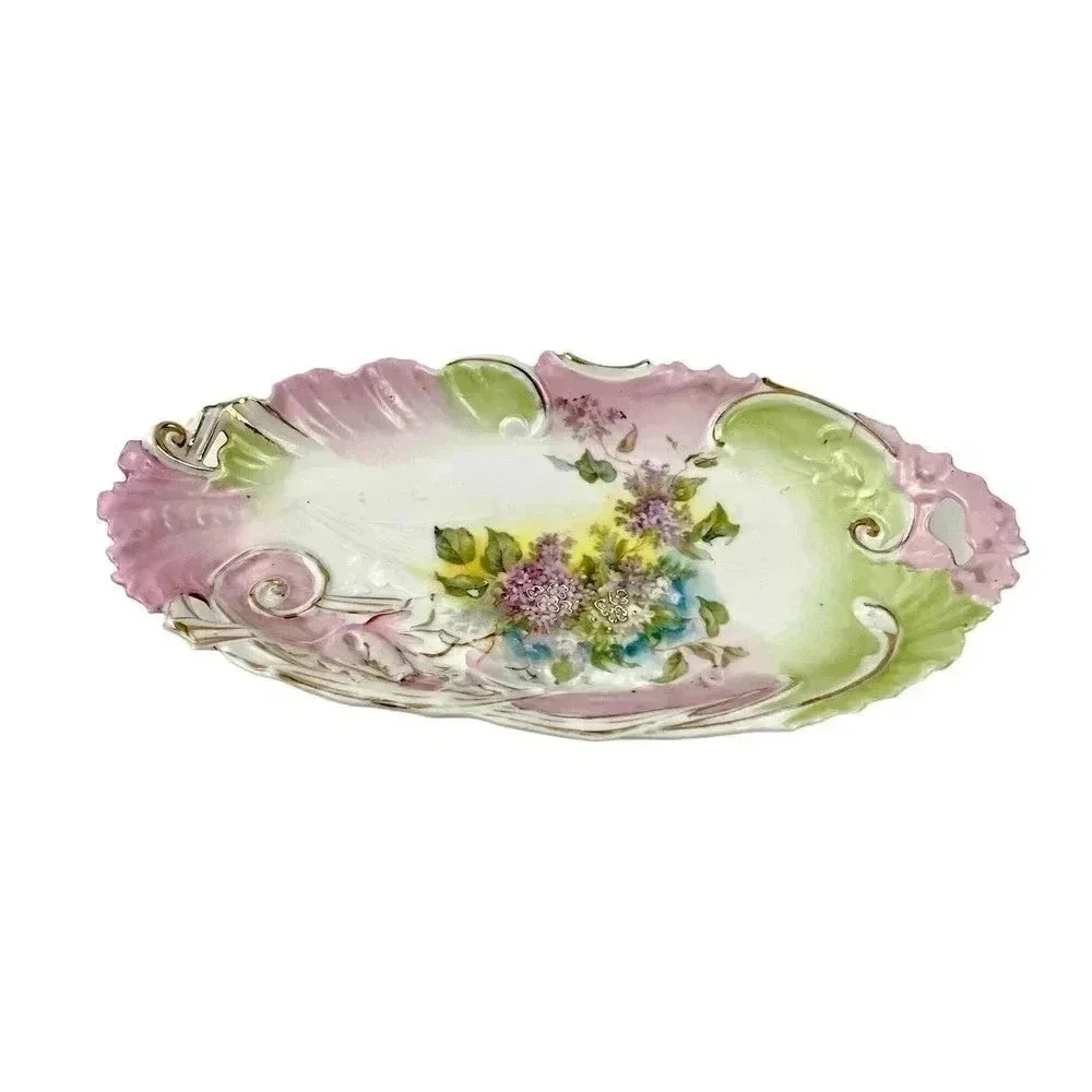 VTG Pink Green Porcelain Celery Dish‎ Cut Out Handles Gold Accent Estate Find